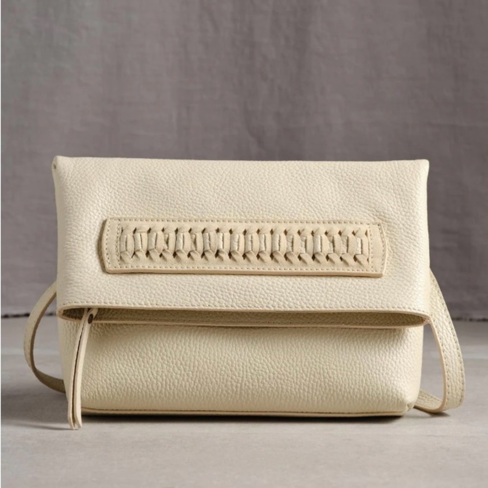 Sundance Leather Foldover Envelope Clutch Crossbody Purse Bag Stone